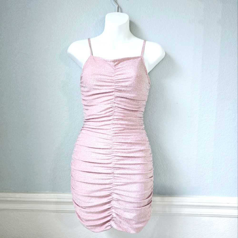 Mebius light pink midi dress | ruched with shimmery fabric | holiday or hoco